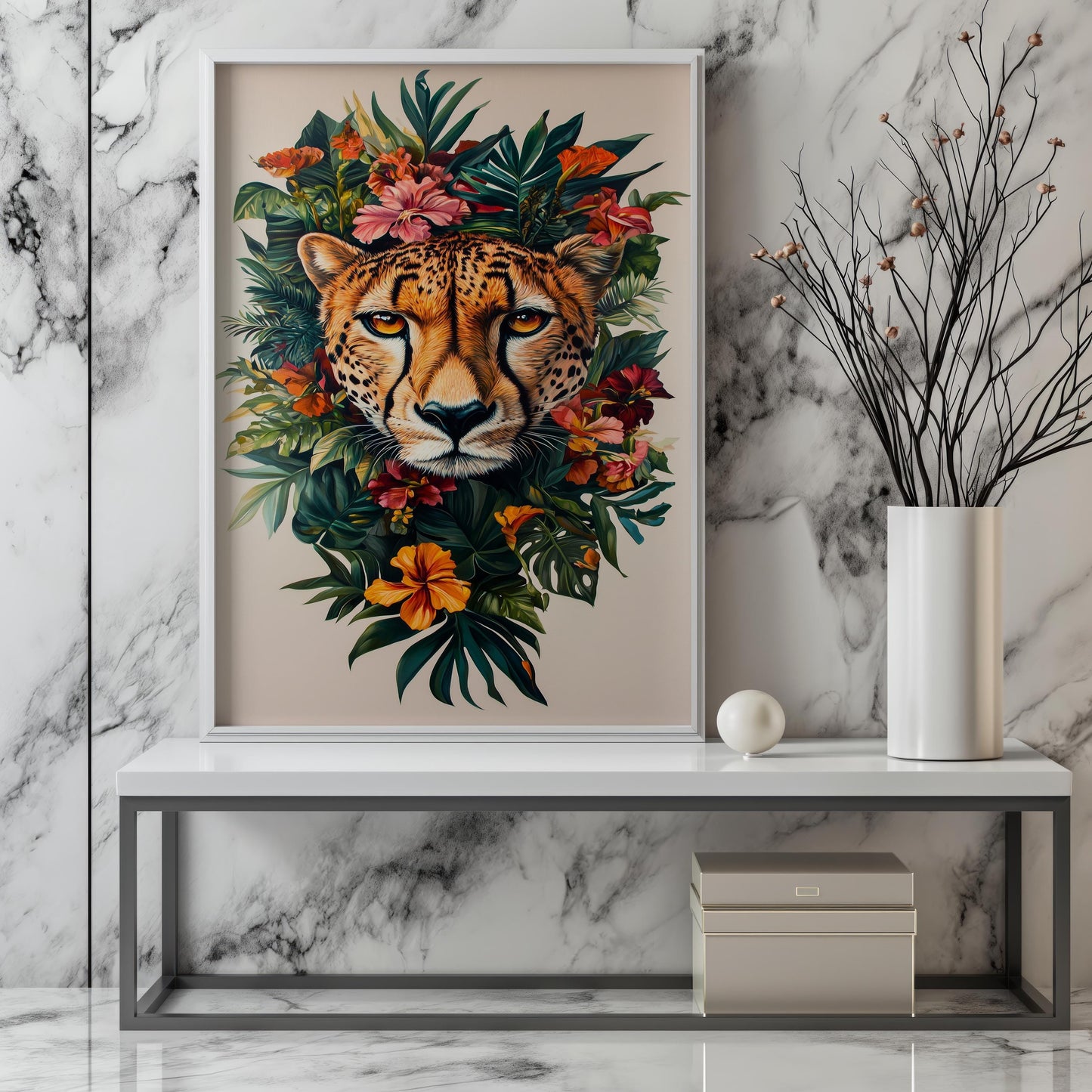 Vibrant Cheetah and Tropical Flowers Canvas Art - Exotic Wildlife and Floral Wall Decor, Bold Jungle-Themed Artwork for Home or Office