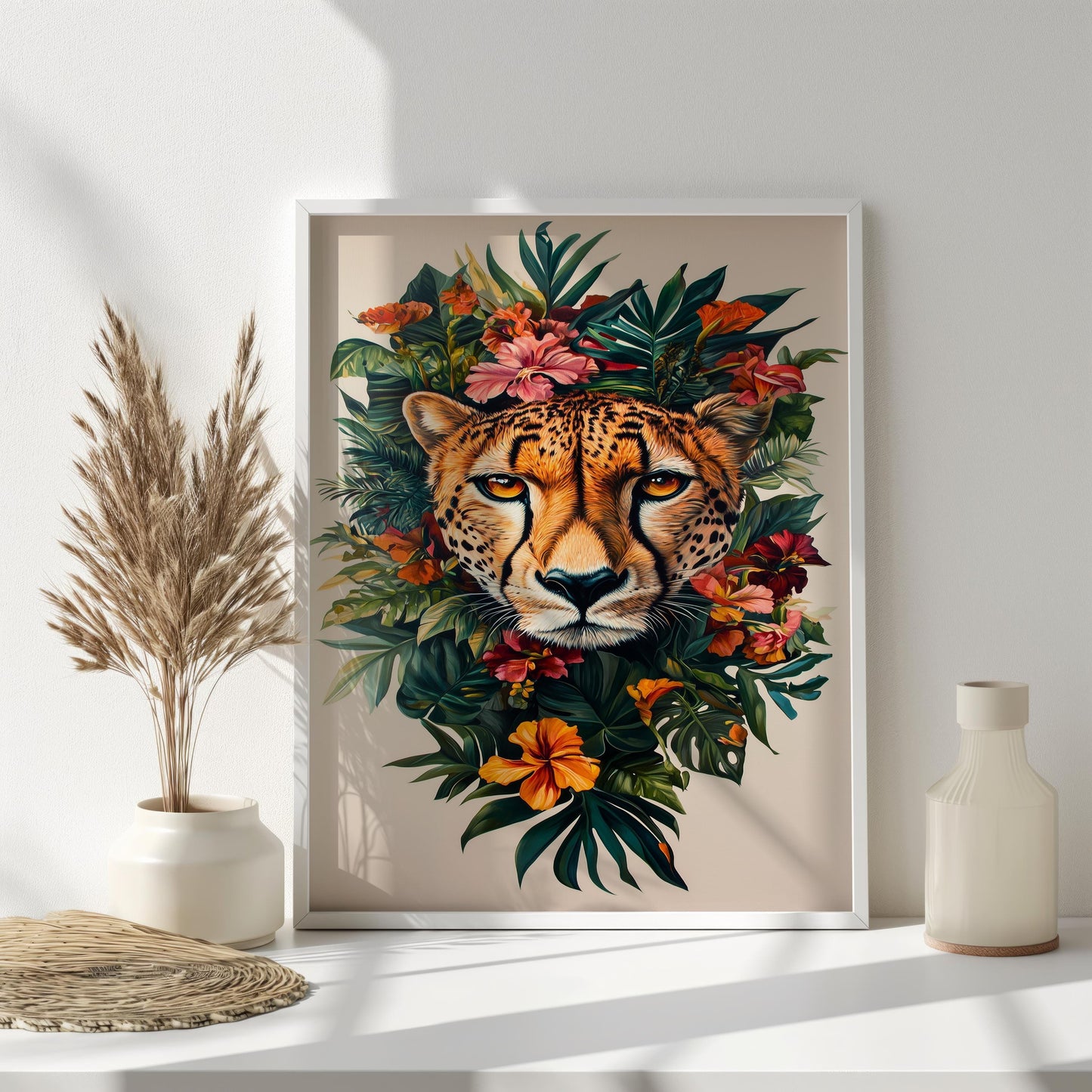 Vibrant Cheetah and Tropical Flowers Canvas Art - Exotic Wildlife and Floral Wall Decor, Bold Jungle-Themed Artwork for Home or Office