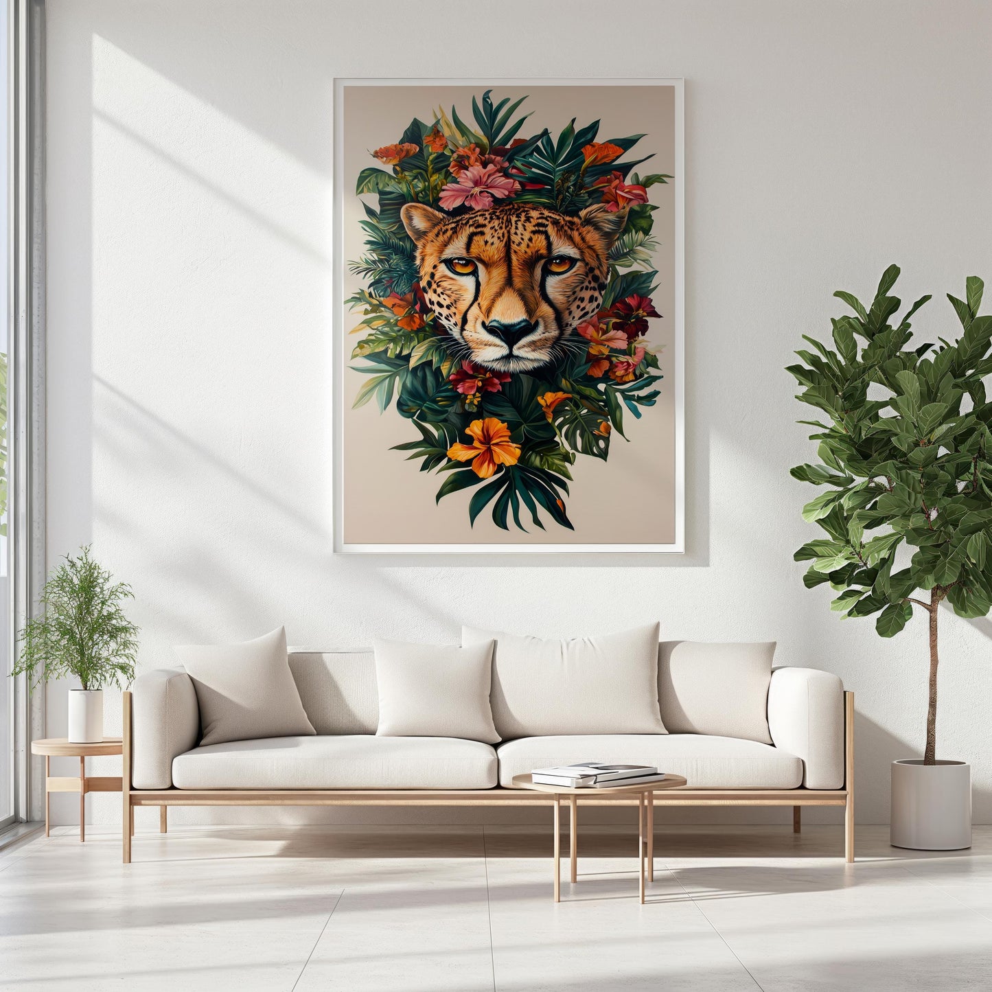 Vibrant Cheetah and Tropical Flowers Canvas Art - Exotic Wildlife and Floral Wall Decor, Bold Jungle-Themed Artwork for Home or Office