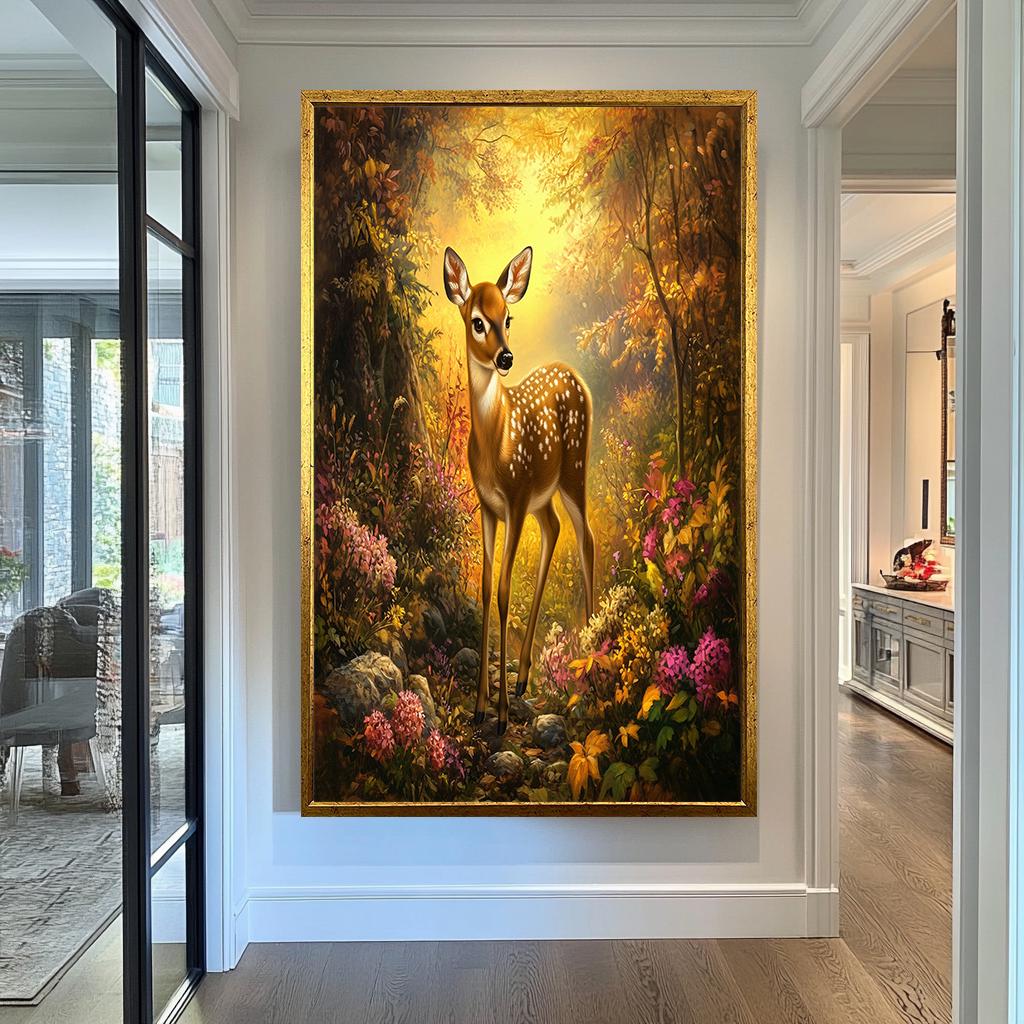 Enchanting Fawn in Autumn Forest Canvas Art - Whimsical Wildlife Wall Decor, Warm Golden Light Woodland Scene for Nature-Inspired Spaces