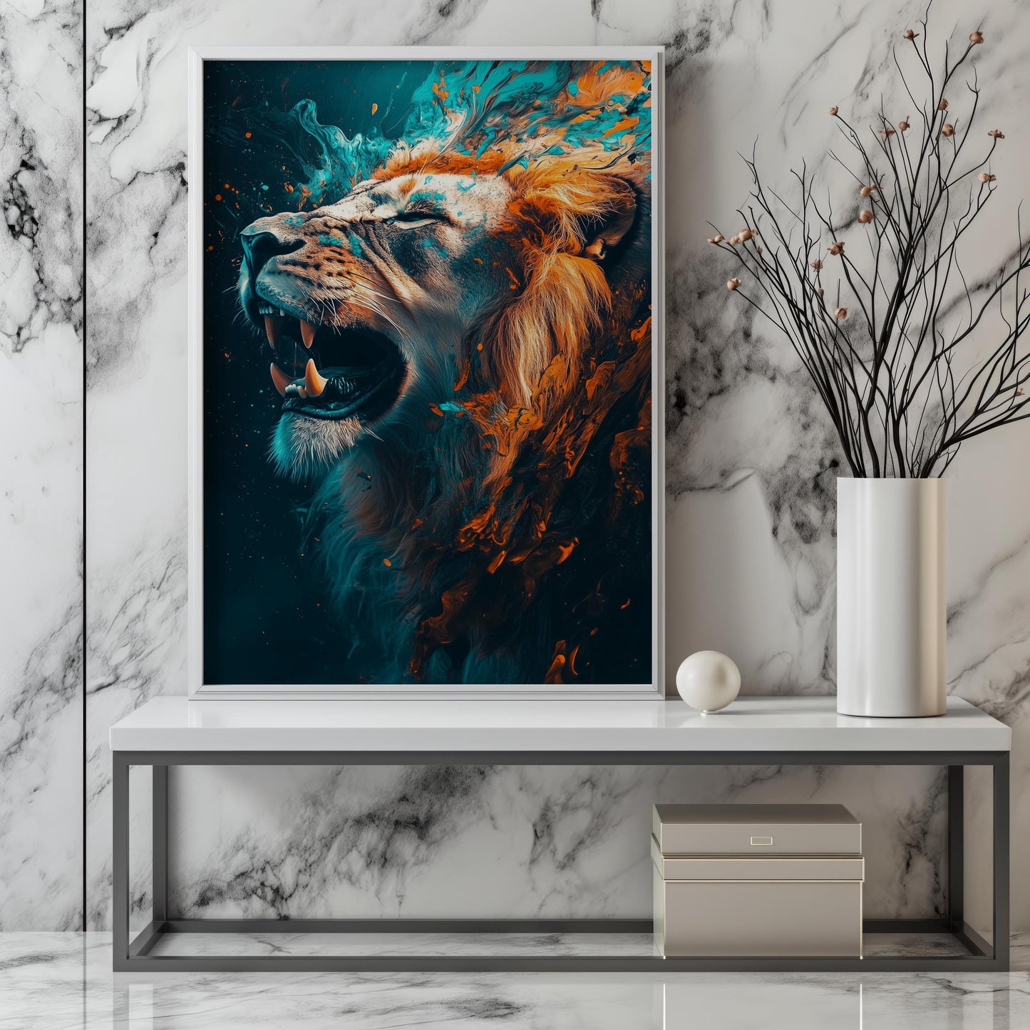 Fierce Roaring Lion Canvas Art - Bold Abstract Wildlife Wall Decor, Dynamic and Powerful Animal Portrait for Modern Spaces