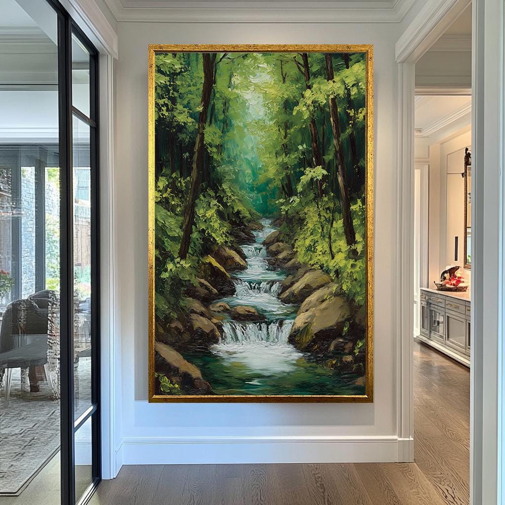 Tranquil Forest Stream Canvas Art - Serene Nature Landscape Wall Decor, Peaceful Green Woodland for Living Room or Office