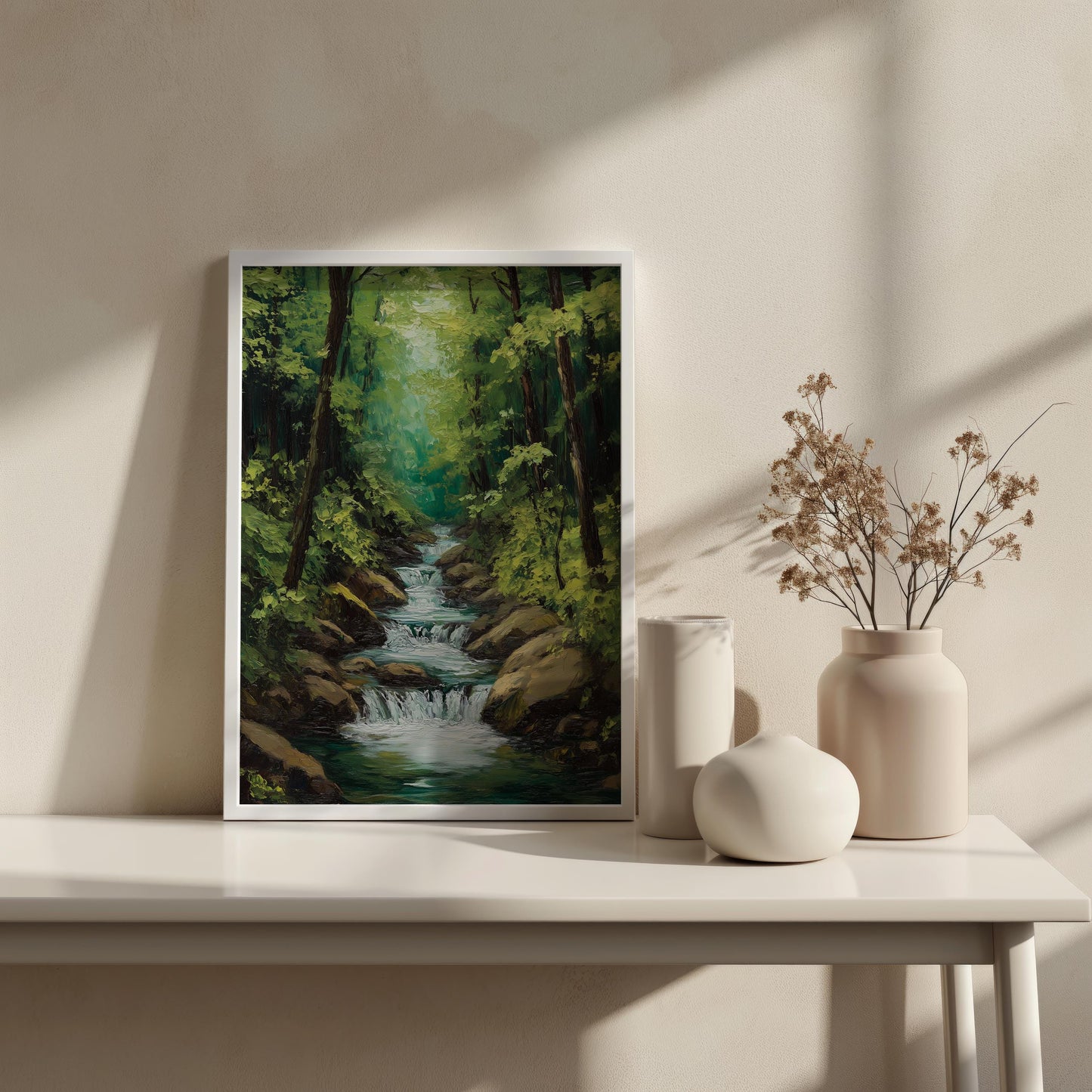 Tranquil Forest Stream Canvas Art - Serene Nature Landscape Wall Decor, Peaceful Green Woodland for Living Room or Office