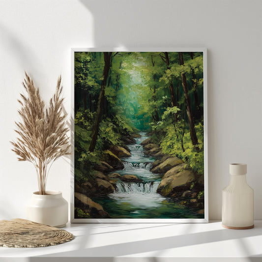 Tranquil Forest Stream Canvas Art - Serene Nature Landscape Wall Decor, Peaceful Green Woodland for Living Room or Office