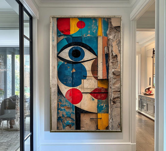 Abstract Eye Street Art Canvas, Bold Geometric Wall Decor, Urban Vintage-Inspired Artwork, Modern Colorful Street Style Painting