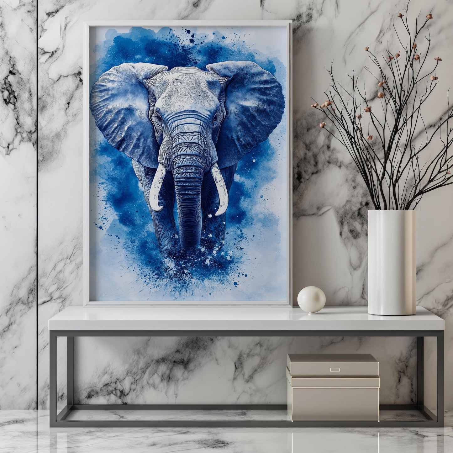 Blue Elephant Abstract Canvas, Modern Wildlife Wall Art, Bold Deco