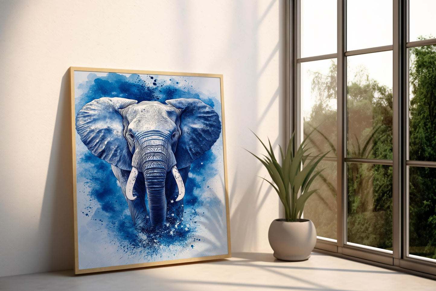 Blue Elephant Abstract Canvas, Modern Wildlife Wall Art, Bold Deco