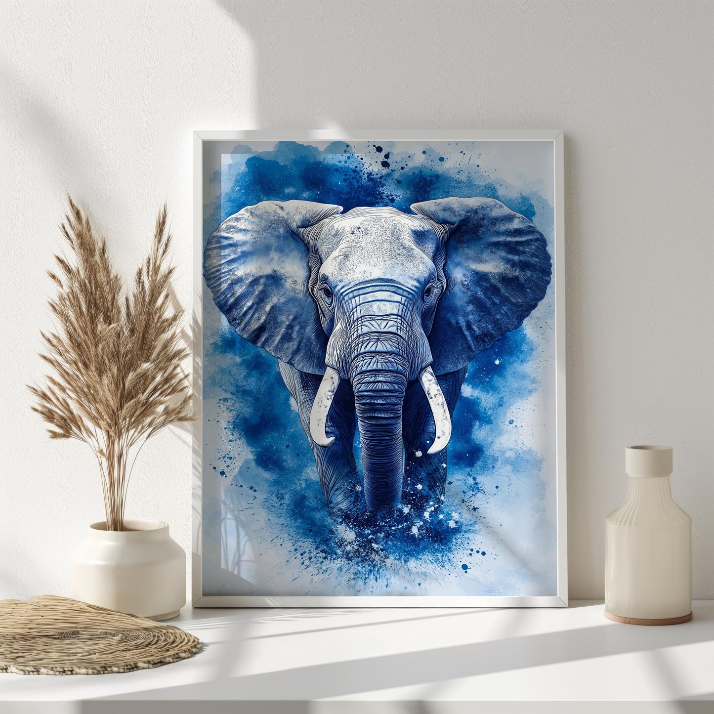 Blue Elephant Abstract Canvas, Modern Wildlife Wall Art, Bold Deco