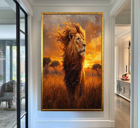 Lion King Wall Art | African Sunset Canvas Print | Safari Animal Wall Decor | Majestic Wildlife Painting | Animal Portrait Canvas Print