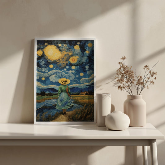 Starry Night Canvas Art Print | Van Gogh Style Wall Art | Woman in Green Dress | Ready to Hang | Vintage Countryside Decor