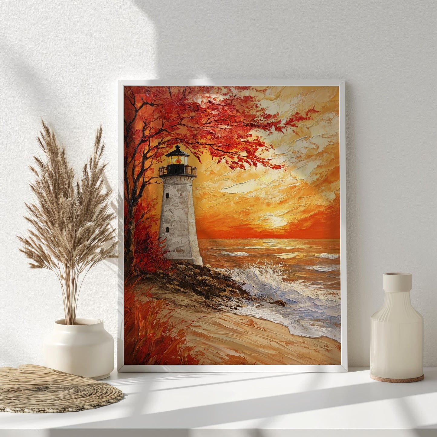 Lighthouse Canvas Wall Art | Autumn Sunset with Vibrant Red Tree | Textured Coastal Painting | Ready to Hang | Sunset Seascape Print