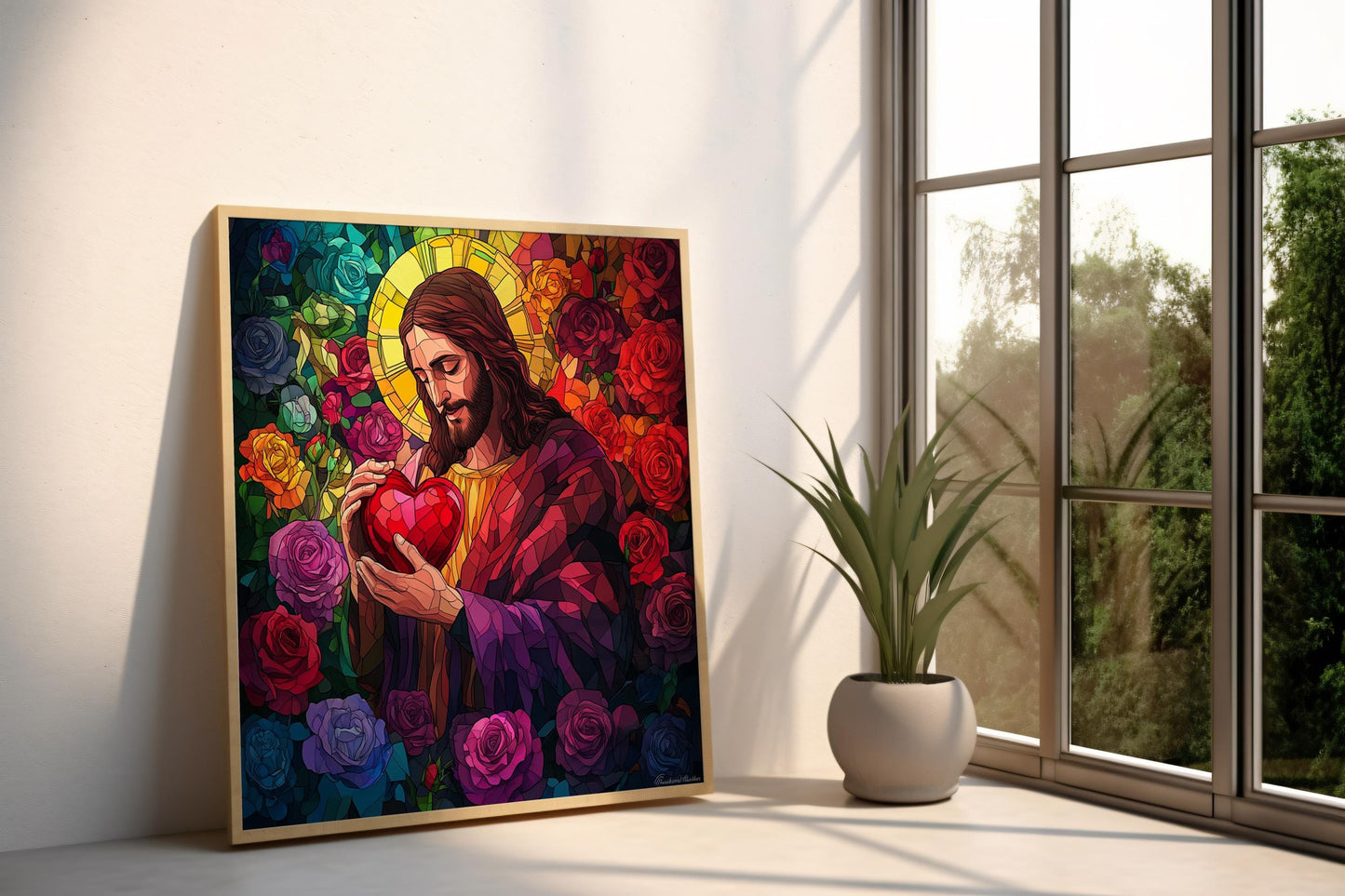 Sacred Heart of Jesus Canvas Wall Art | Vibrant Stained Glass Design | Religious Christian Artwork | Ready to Hang | Jesus Wall Art