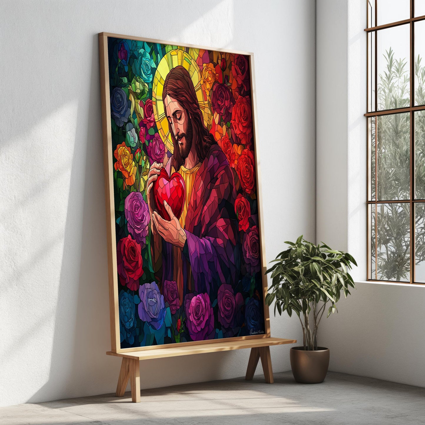 Sacred Heart of Jesus Canvas Wall Art | Vibrant Stained Glass Design | Religious Christian Artwork | Ready to Hang | Jesus Wall Art