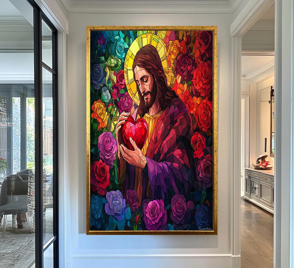 Sacred Heart of Jesus Canvas Wall Art | Vibrant Stained Glass Design | Religious Christian Artwork | Ready to Hang | Jesus Wall Art