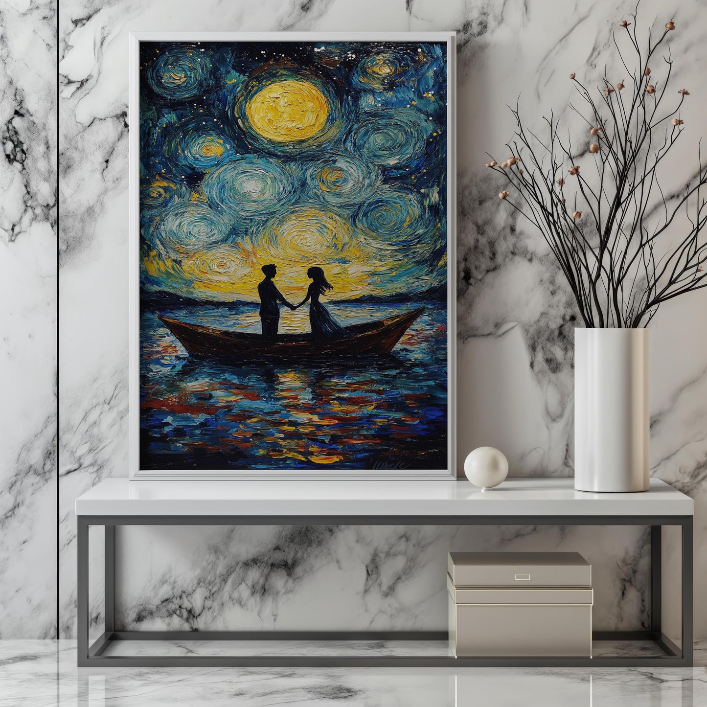 Starry Night Couple Canvas Wall Art | Romantic Boat Scene Under Moonlight | Textured Love Painting | Ready to Hang | Night Love Canvas Art