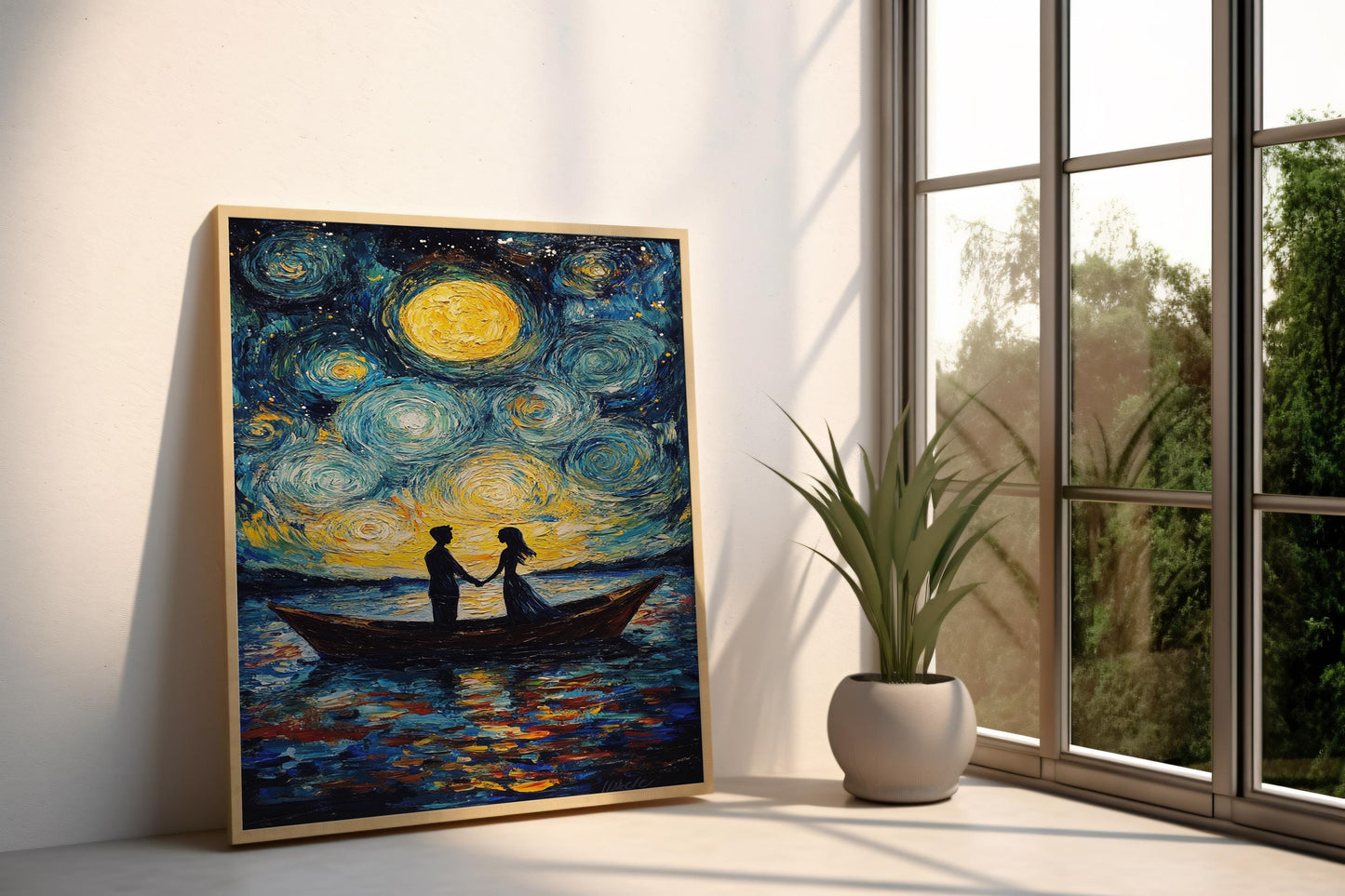 Starry Night Couple Canvas Wall Art | Romantic Boat Scene Under Moonlight | Textured Love Painting | Ready to Hang | Night Love Canvas Art