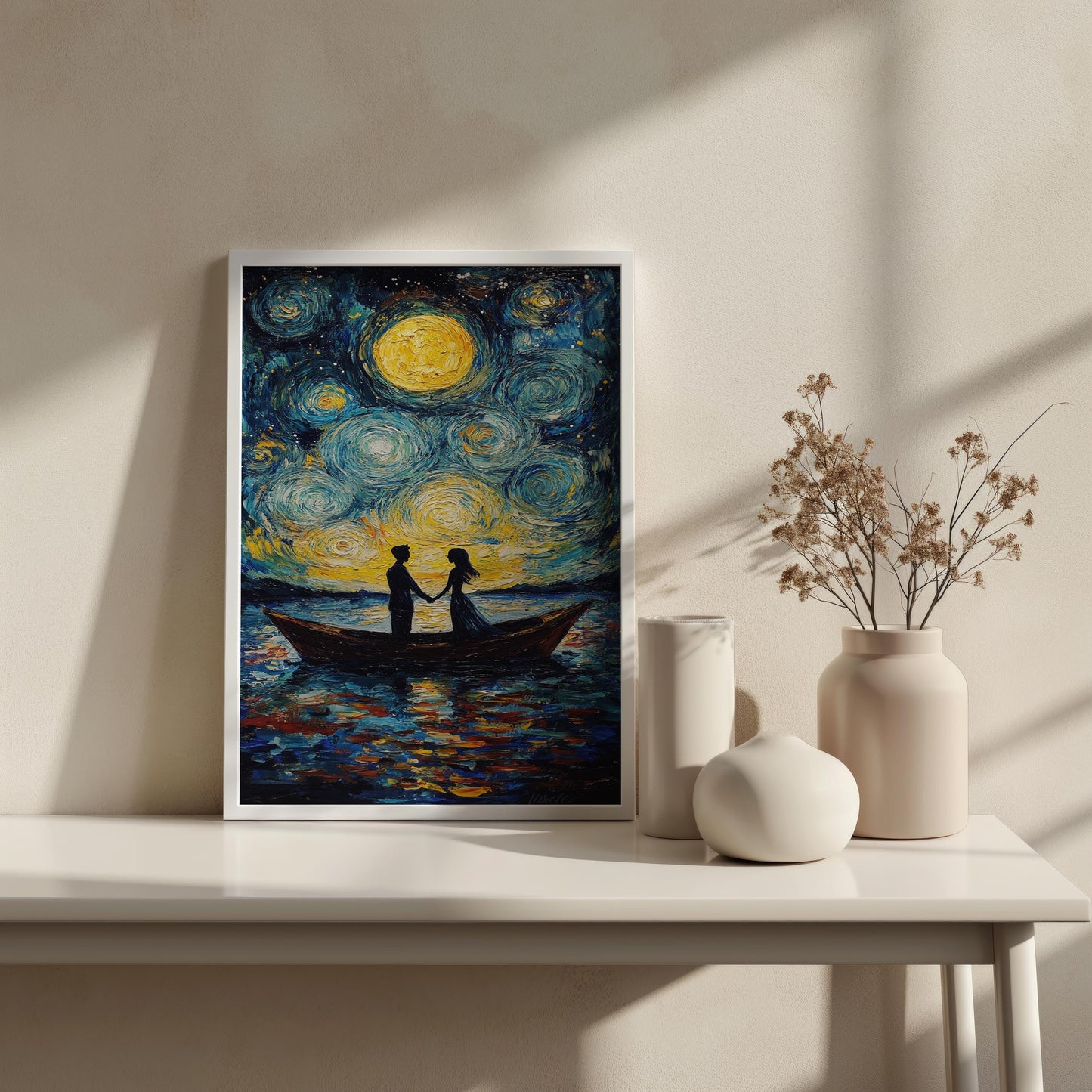 Starry Night Couple Canvas Wall Art | Romantic Boat Scene Under Moonlight | Textured Love Painting | Ready to Hang | Night Love Canvas Art