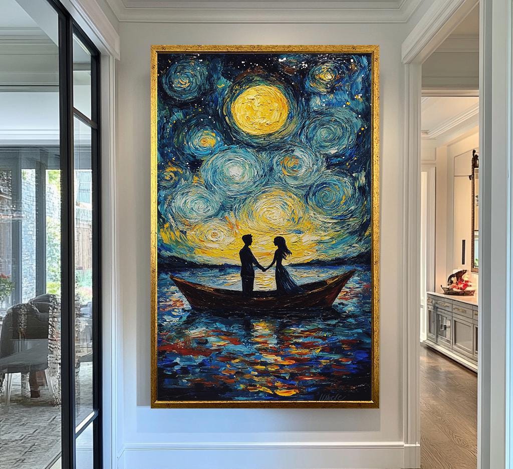 Starry Night Couple Canvas Wall Art | Romantic Boat Scene Under Moonlight | Textured Love Painting | Ready to Hang | Night Love Canvas Art