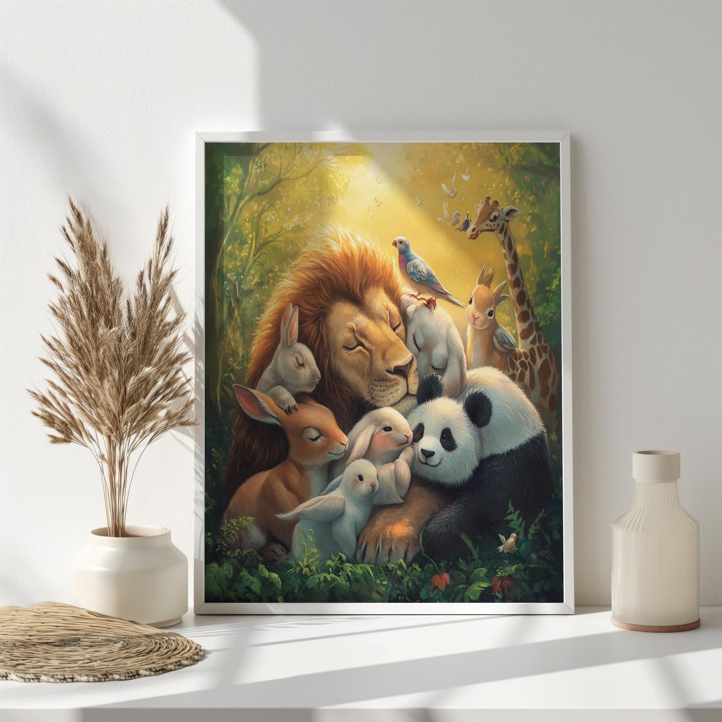 Heartwarming Animal Harmony Art - Lion, Panda, Bunny, Giraffe and Birds - Peaceful Wildlife Canvas - Whimsical Nature Wall Decor