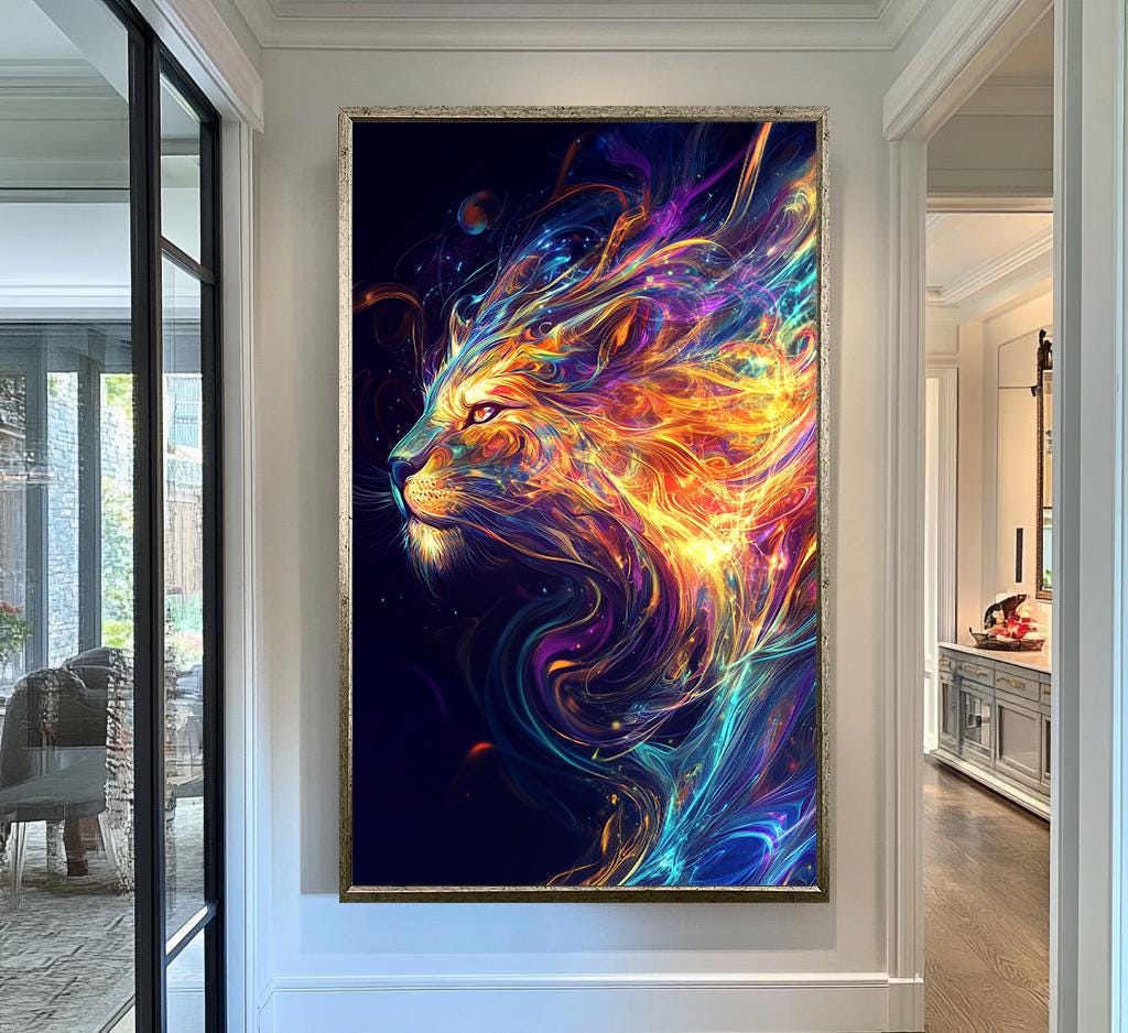 Fiery Lion Spirit Canvas Art - Vibrant Abstract Animal Portrait Wall Decor, Bold and Mystical Artwork for Living Room or Office