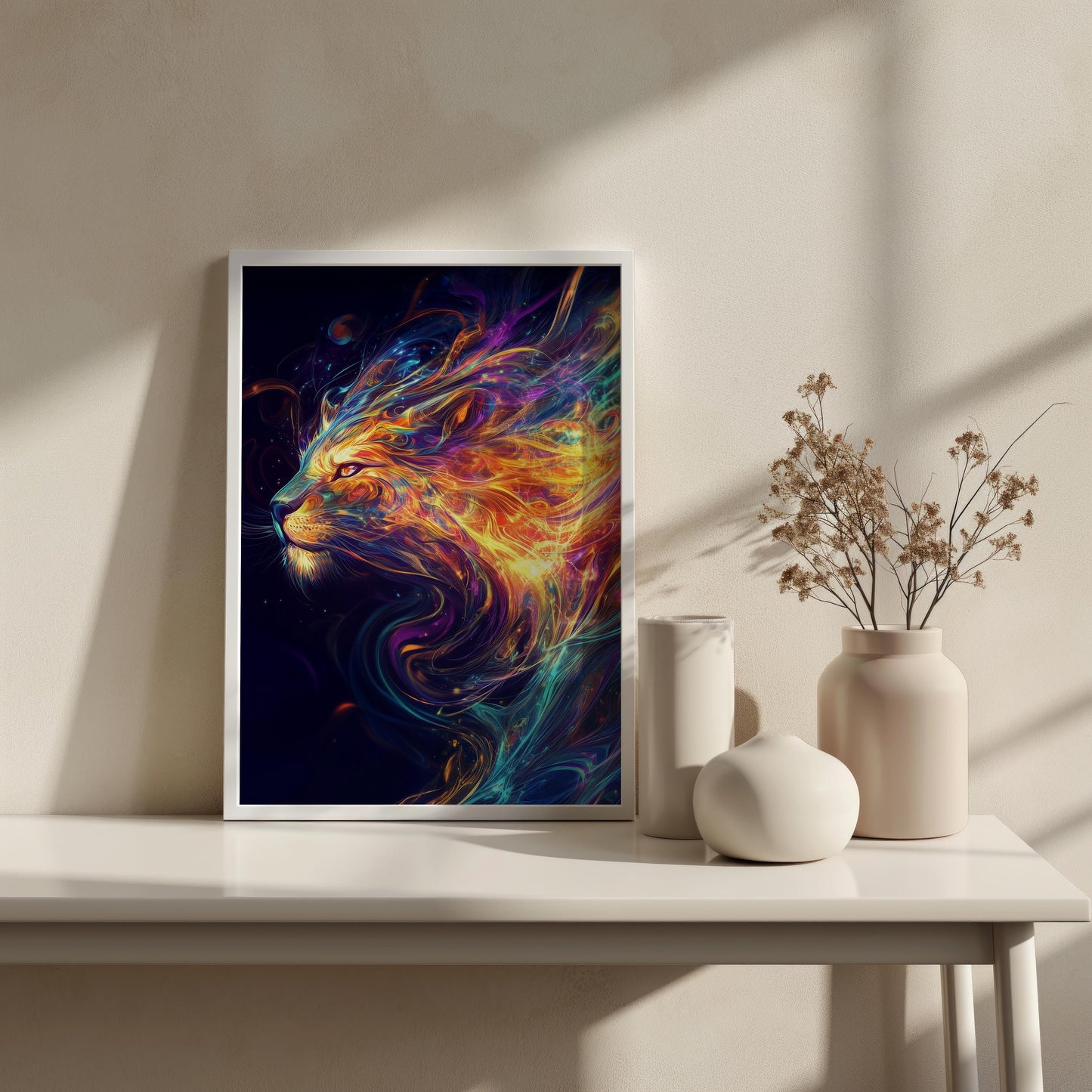 Fiery Lion Spirit Canvas Art - Vibrant Abstract Animal Portrait Wall Decor, Bold and Mystical Artwork for Living Room or Office