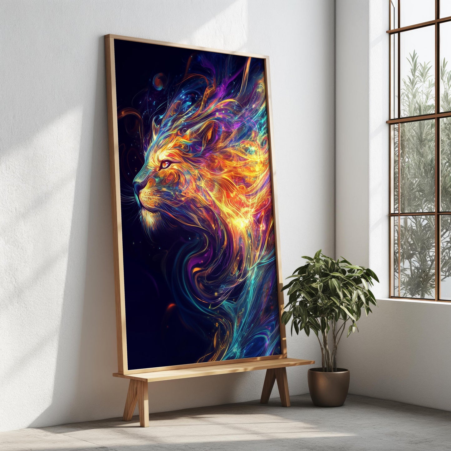 Fiery Lion Spirit Canvas Art - Vibrant Abstract Animal Portrait Wall Decor, Bold and Mystical Artwork for Living Room or Office