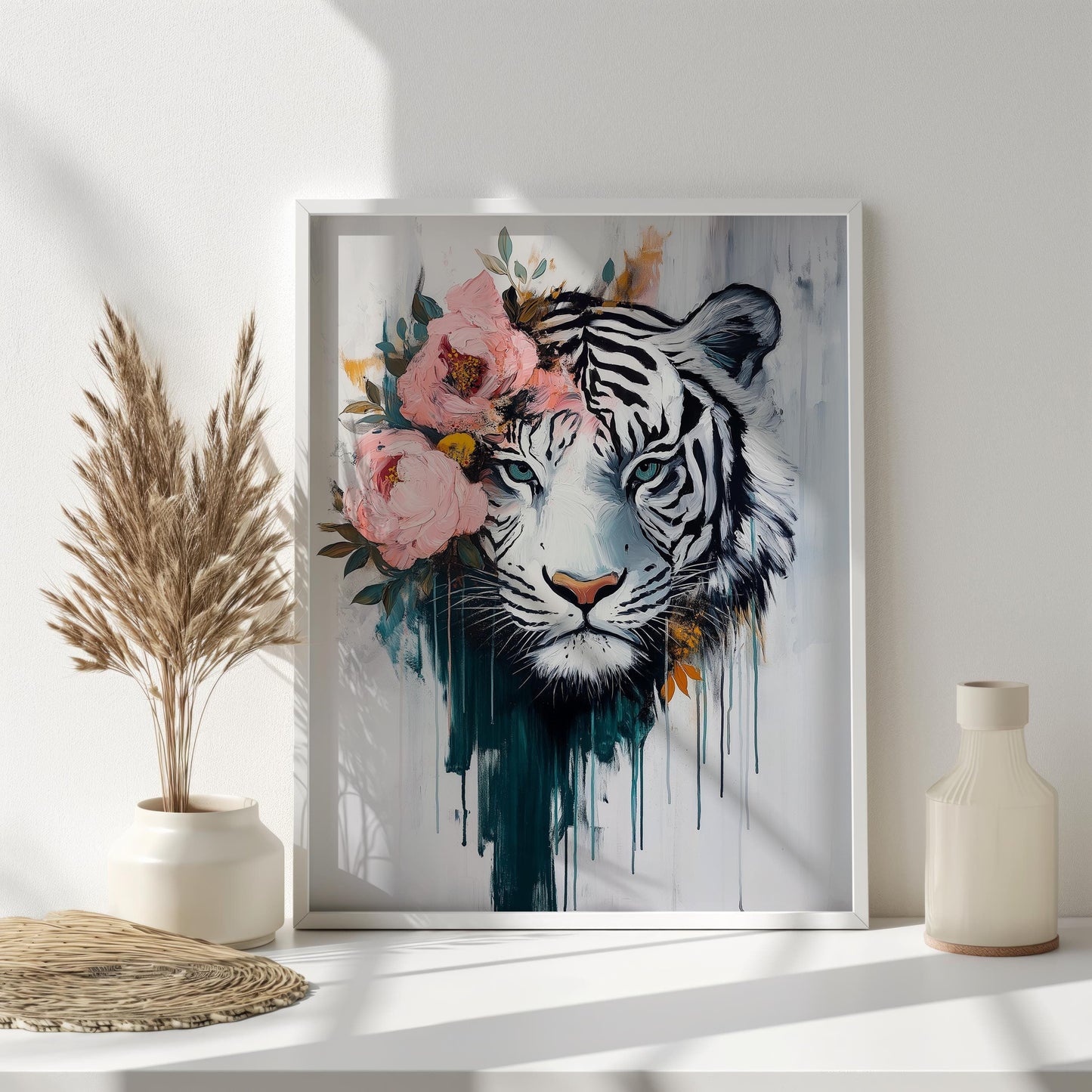 tiger wall art | floral tiger wall art | tiger wall decor | tiger wall art canvas | tiger wall art framed | white tiger canvas wall art