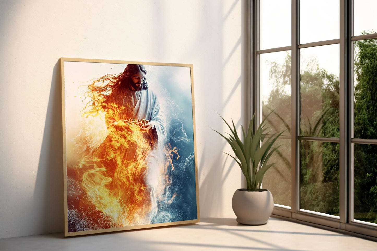 Jesus Divine Power Wall Art | Jesus Fire and Ice Canvas Painting | Jesus Spiritual Christian Wall Decor | Jesus Sacred Light Artwork