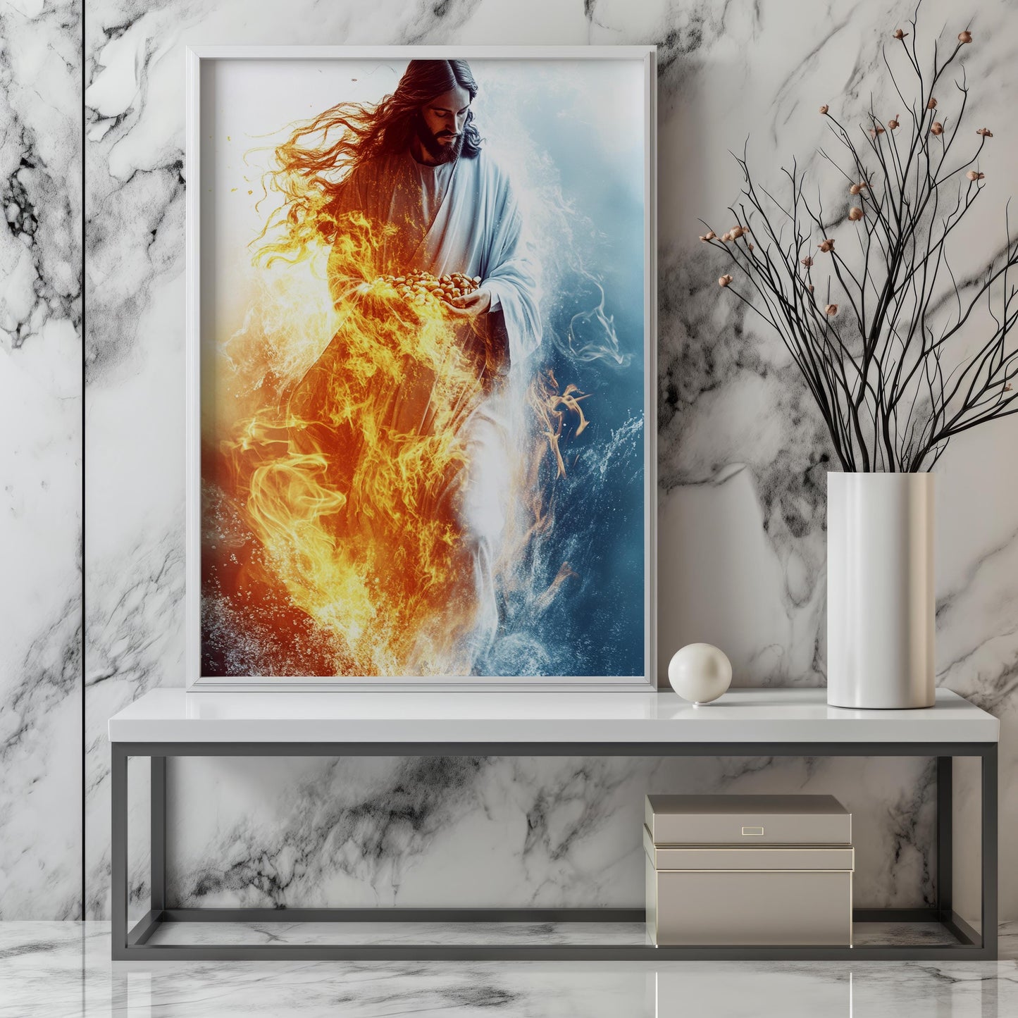 Jesus Divine Power Wall Art | Jesus Fire and Ice Canvas Painting | Jesus Spiritual Christian Wall Decor | Jesus Sacred Light Artwork