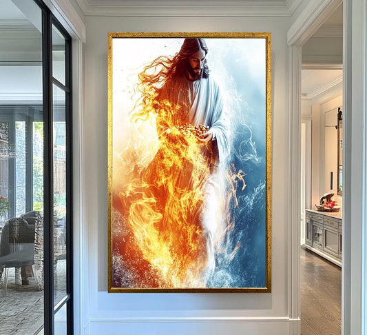 Jesus Divine Power Wall Art | Jesus Fire and Ice Canvas Painting | Jesus Spiritual Christian Wall Decor | Jesus Sacred Light Artwork