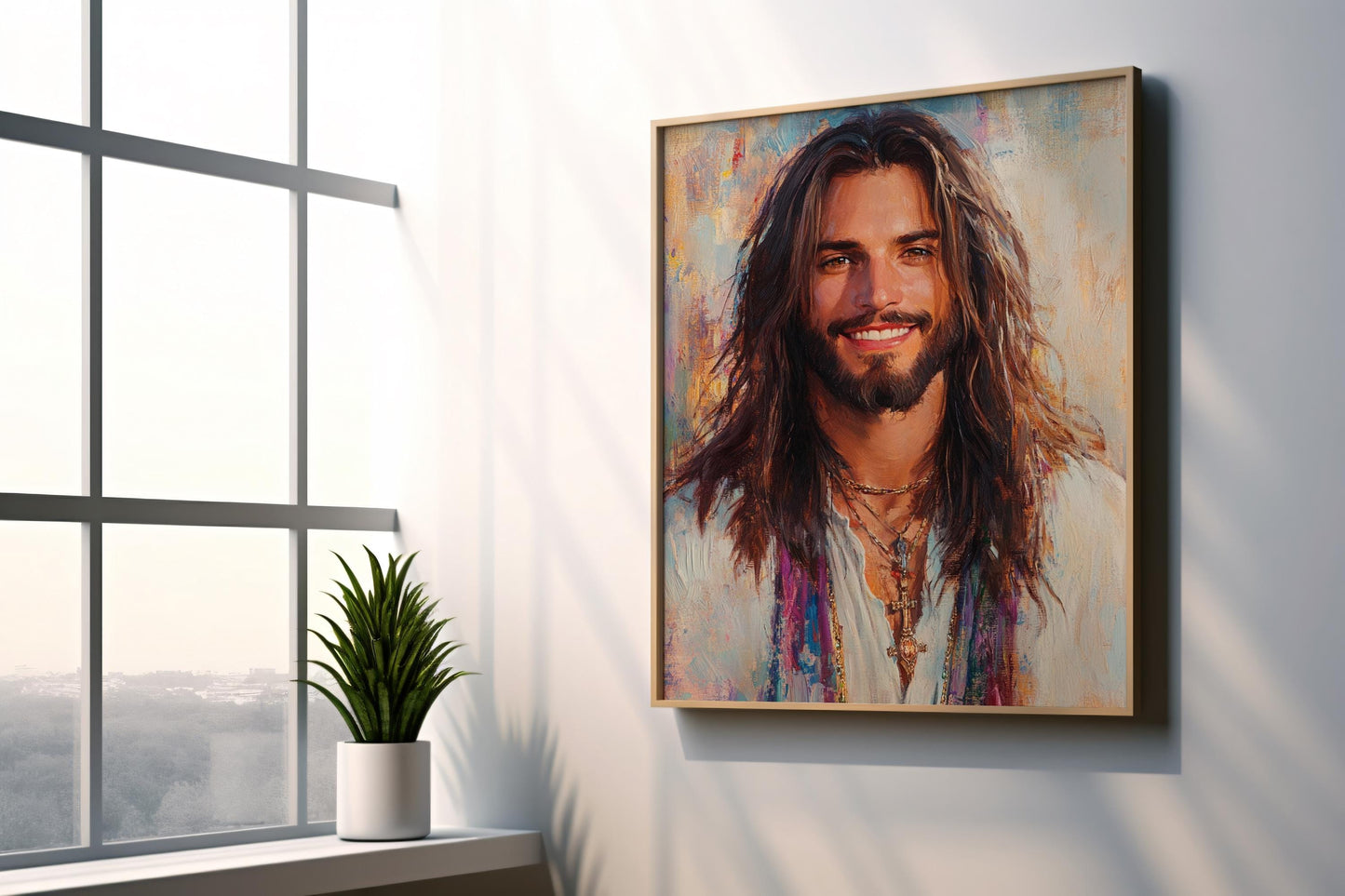 Sacred Portrait Wall Art | Religious Modern Canvas Painting | Christian Spiritual Wall Decor | Joyful Expression Art Print | Jesus Wall Art