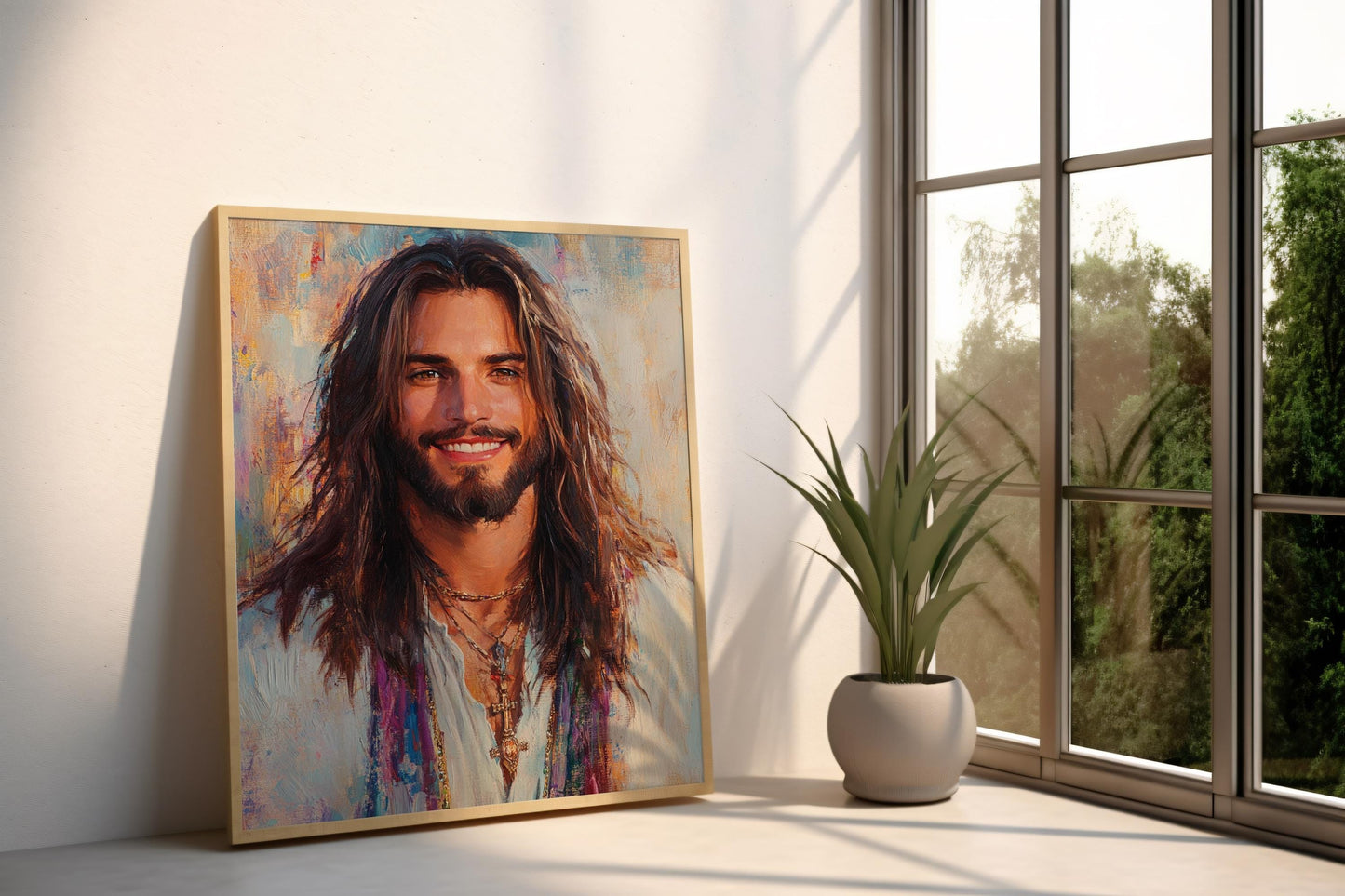 Sacred Portrait Wall Art | Religious Modern Canvas Painting | Christian Spiritual Wall Decor | Joyful Expression Art Print | Jesus Wall Art