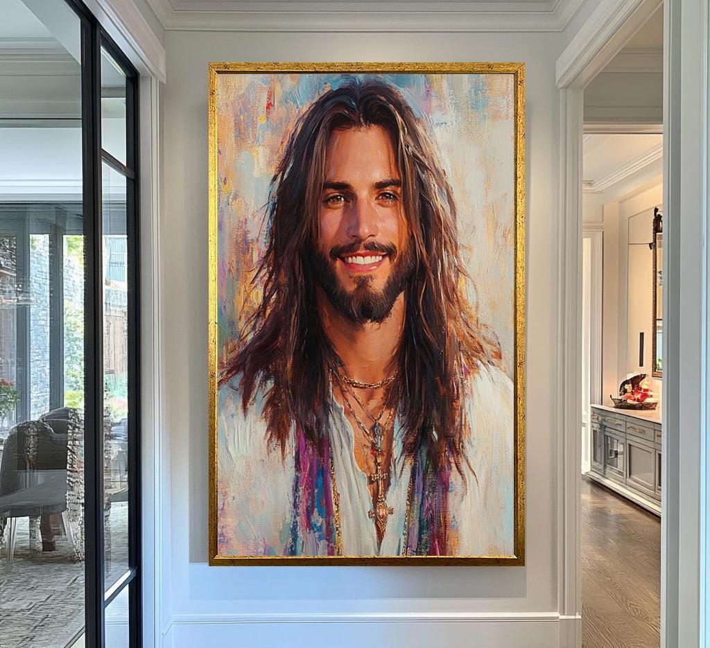 Sacred Portrait Wall Art | Religious Modern Canvas Painting | Christian Spiritual Wall Decor | Joyful Expression Art Print | Jesus Wall Art