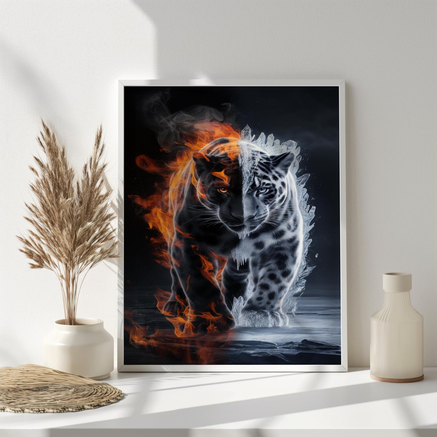 Fire and Ice Tiger Wall Art | Spiritual Animal Canvas Painting | Modern Fantasy Wildlife Wall Decor | Animal Canvas Decor | Cool Wal Art