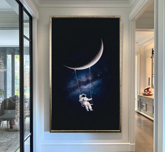 Astronaut Moon Swing Wall Art | Celestial Space Dreams Canvas Painting | Galaxy Night Sky Wall Decor | Moon Wall Decor | Moon Canvas Art