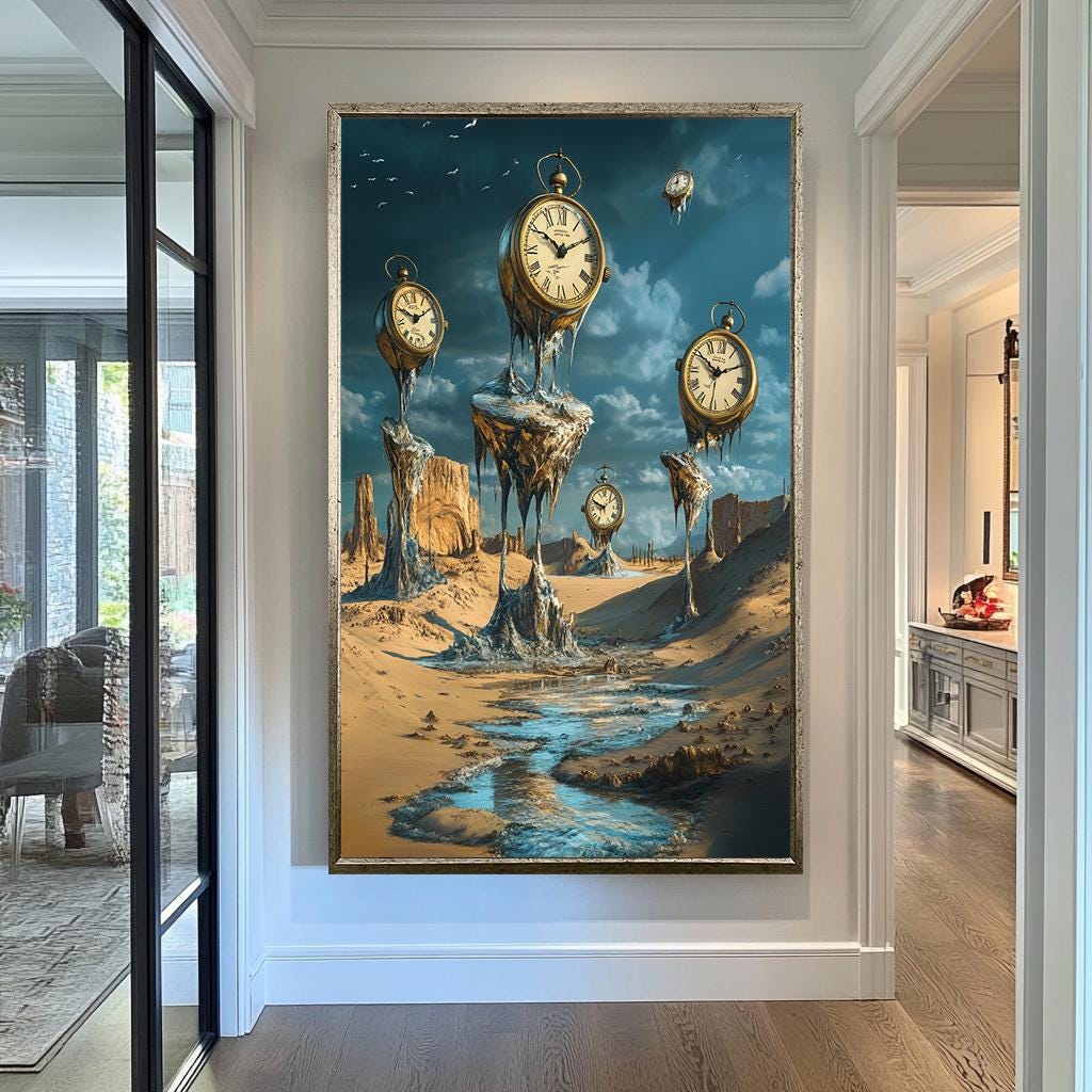 Surreal Melting Clocks Wall Art | Salvador Dali Style Canvas Painting | Desert Time Fantasy Wall Decor | Unique Home Art