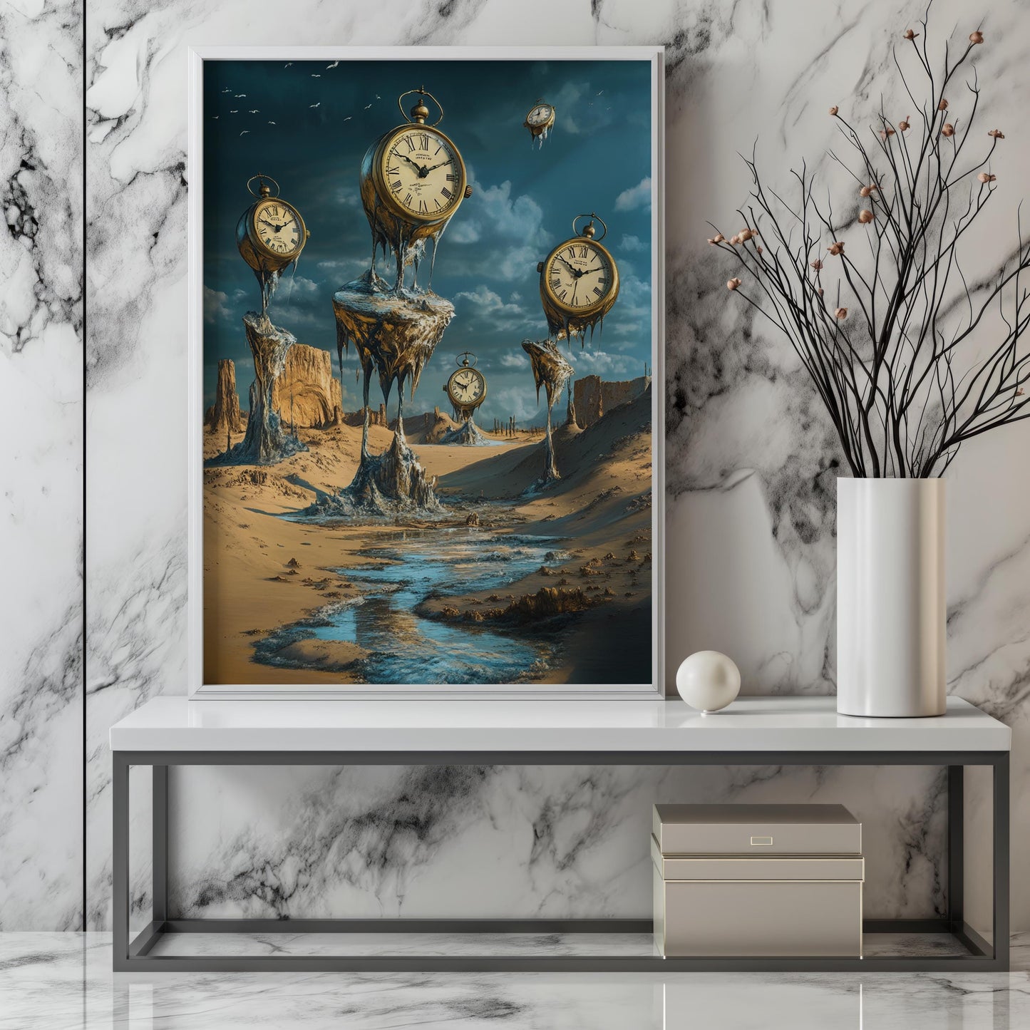 Surreal Melting Clocks Wall Art | Salvador Dali Style Canvas Painting | Desert Time Fantasy Wall Decor | Unique Home Art