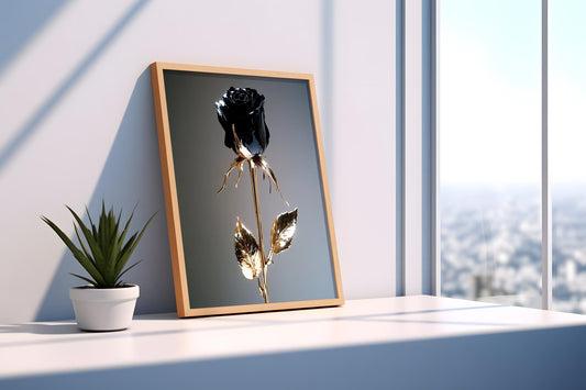 Black Gold Rose Wall Art | Elegant Floral Canvas Painting | Modern Luxury Wall Decor | Dark Rose with Golden Stem Art Print | rose wall art