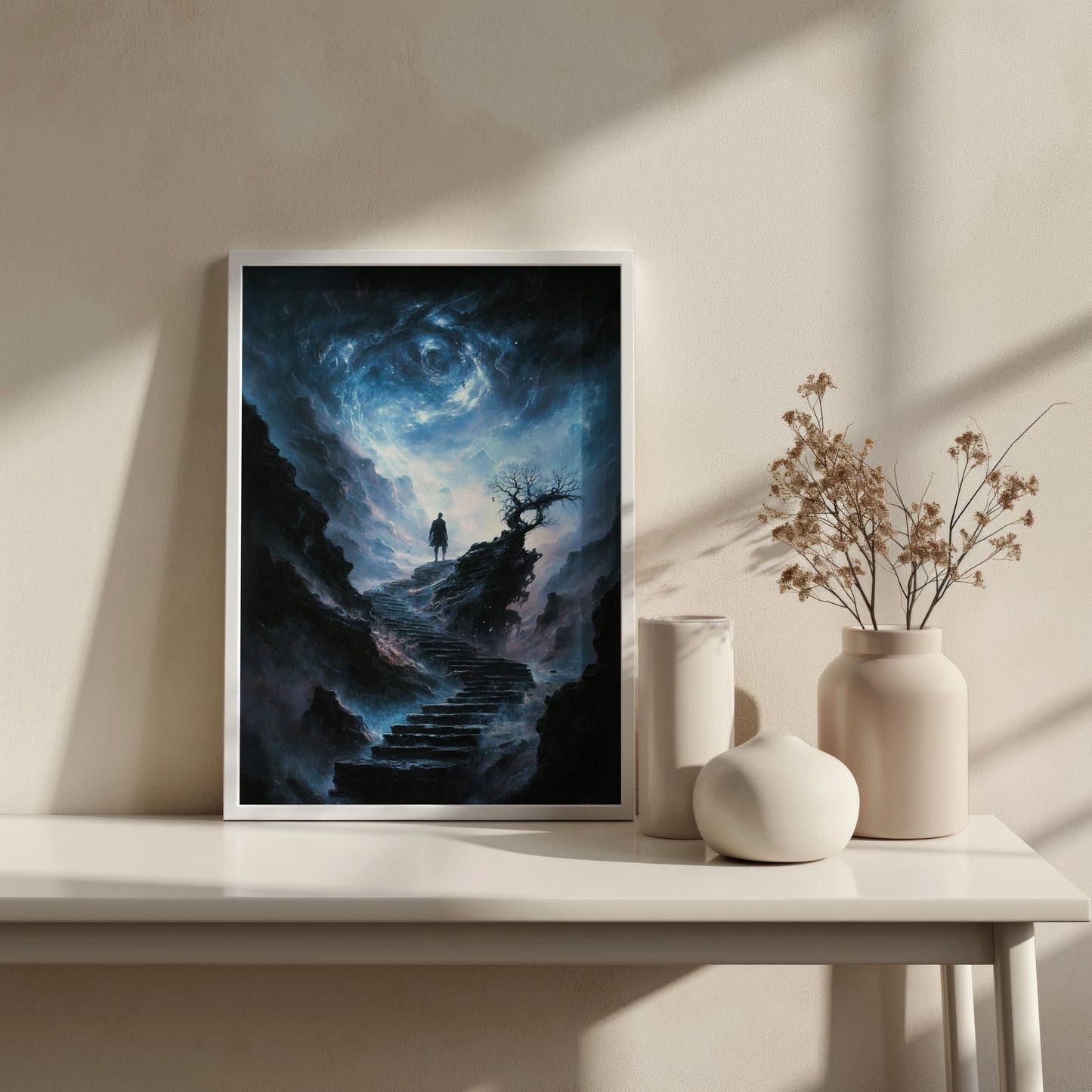 Stairway to Universe Wall Art | Mystical Night Sky Canvas Painting | Fantasy Silhouette Wall Decor | Cosmic Path Art