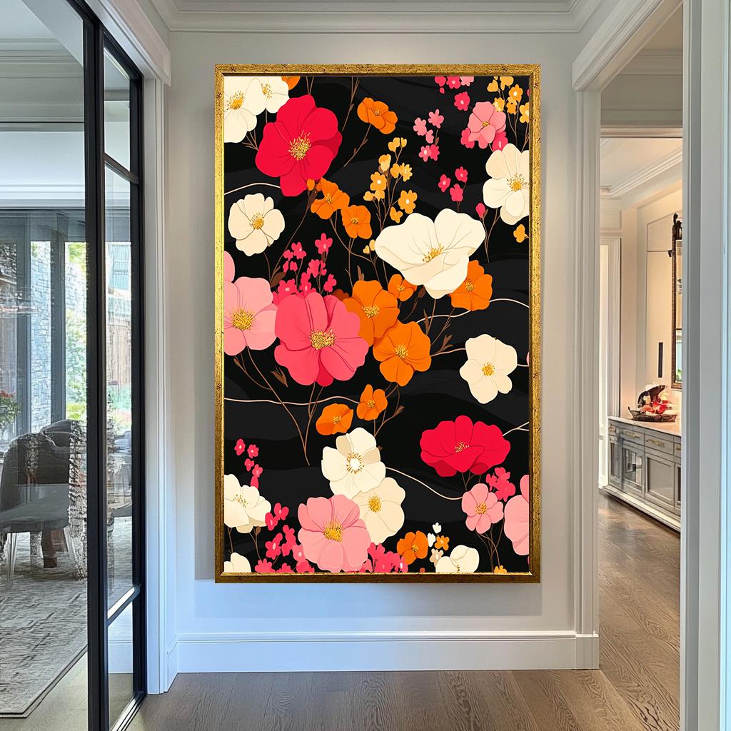 Vibrant Floral Pattern Wall Art | Modern Botanical Canvas Painting | Black Background Wall Decor | Pink Orange Flower Print