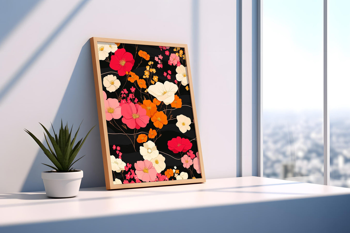 Vibrant Floral Pattern Wall Art | Modern Botanical Canvas Painting | Black Background Wall Decor | Pink Orange Flower Print