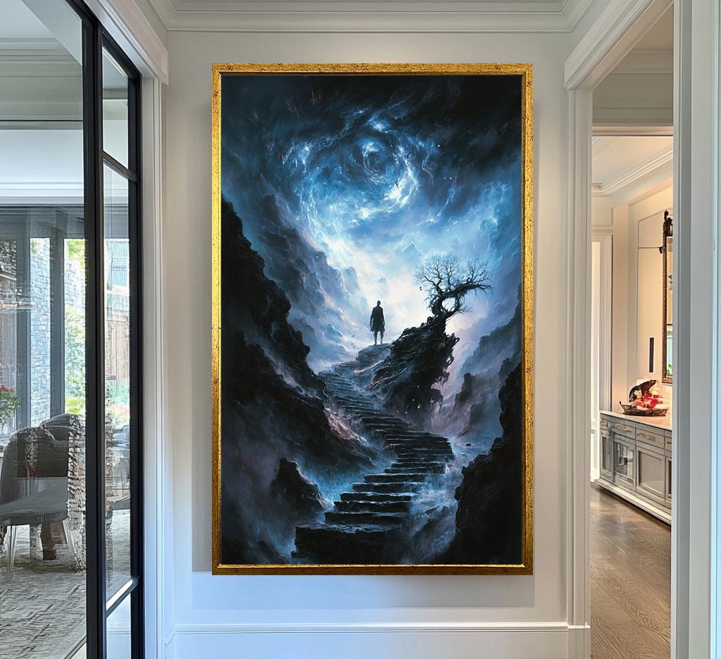 Stairway to Universe Wall Art | Mystical Night Sky Canvas Painting | Fantasy Silhouette Wall Decor | Cosmic Path Art