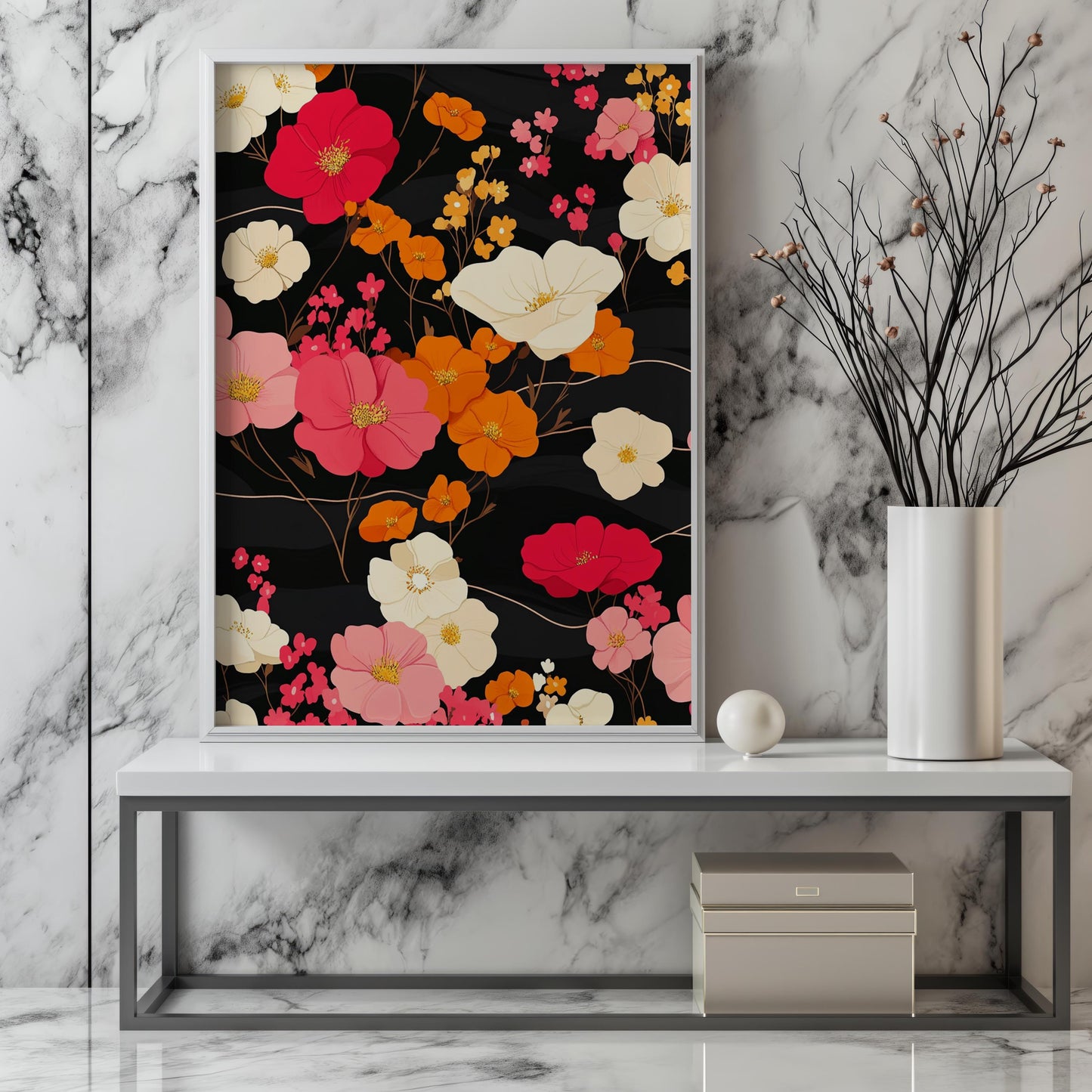 Vibrant Floral Pattern Wall Art | Modern Botanical Canvas Painting | Black Background Wall Decor | Pink Orange Flower Print