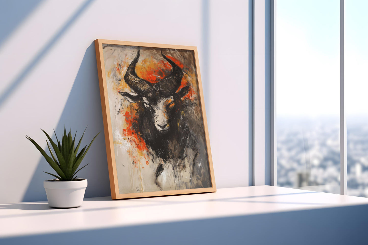 Goat Wall Art | Orange Fire Abstract Canvas Painting | Modern Goat Wall Decor Living Room Dark Animal Artwork | Goat Wall Art | Goat Decor