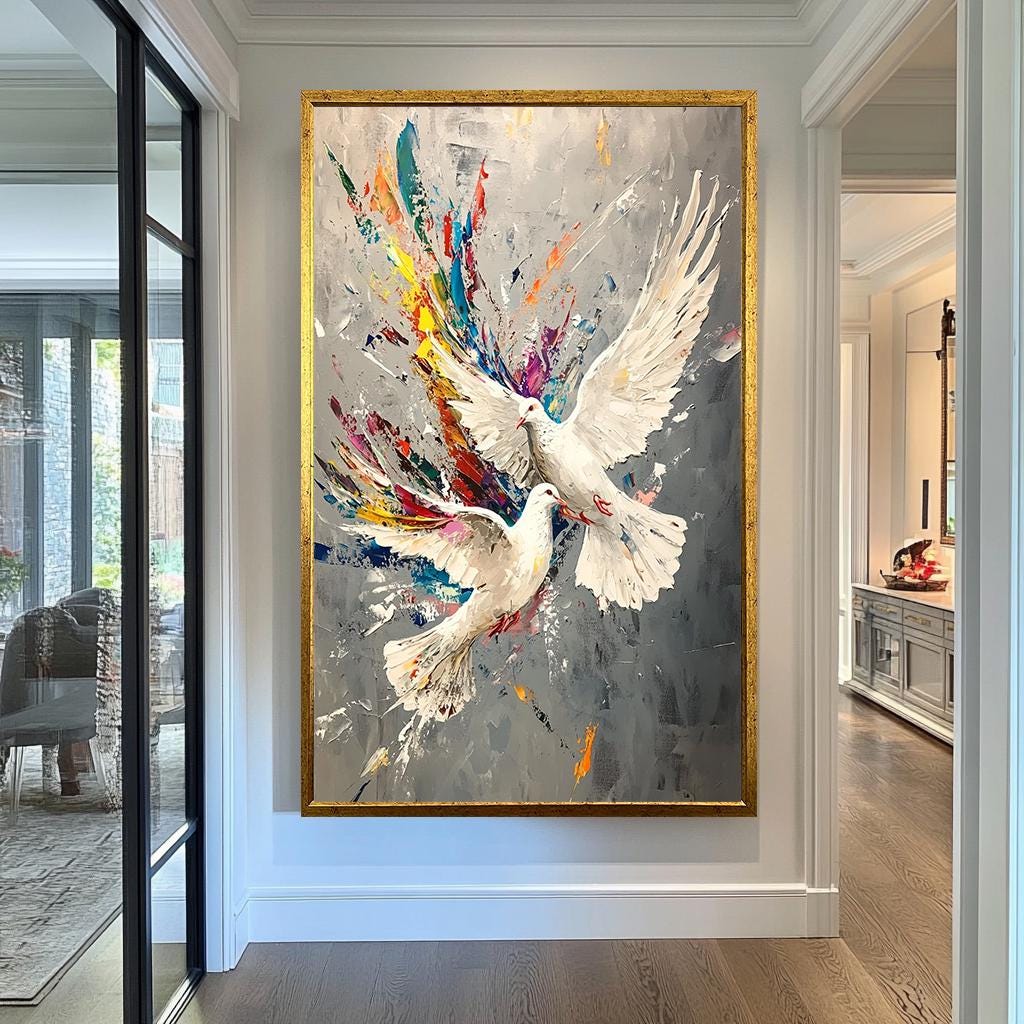 White Doves Wall Art | Colorful Abstract Canvas Painting | Modern Peace Birds Wall Decor Flying Dove Splash Art Peace Symbol