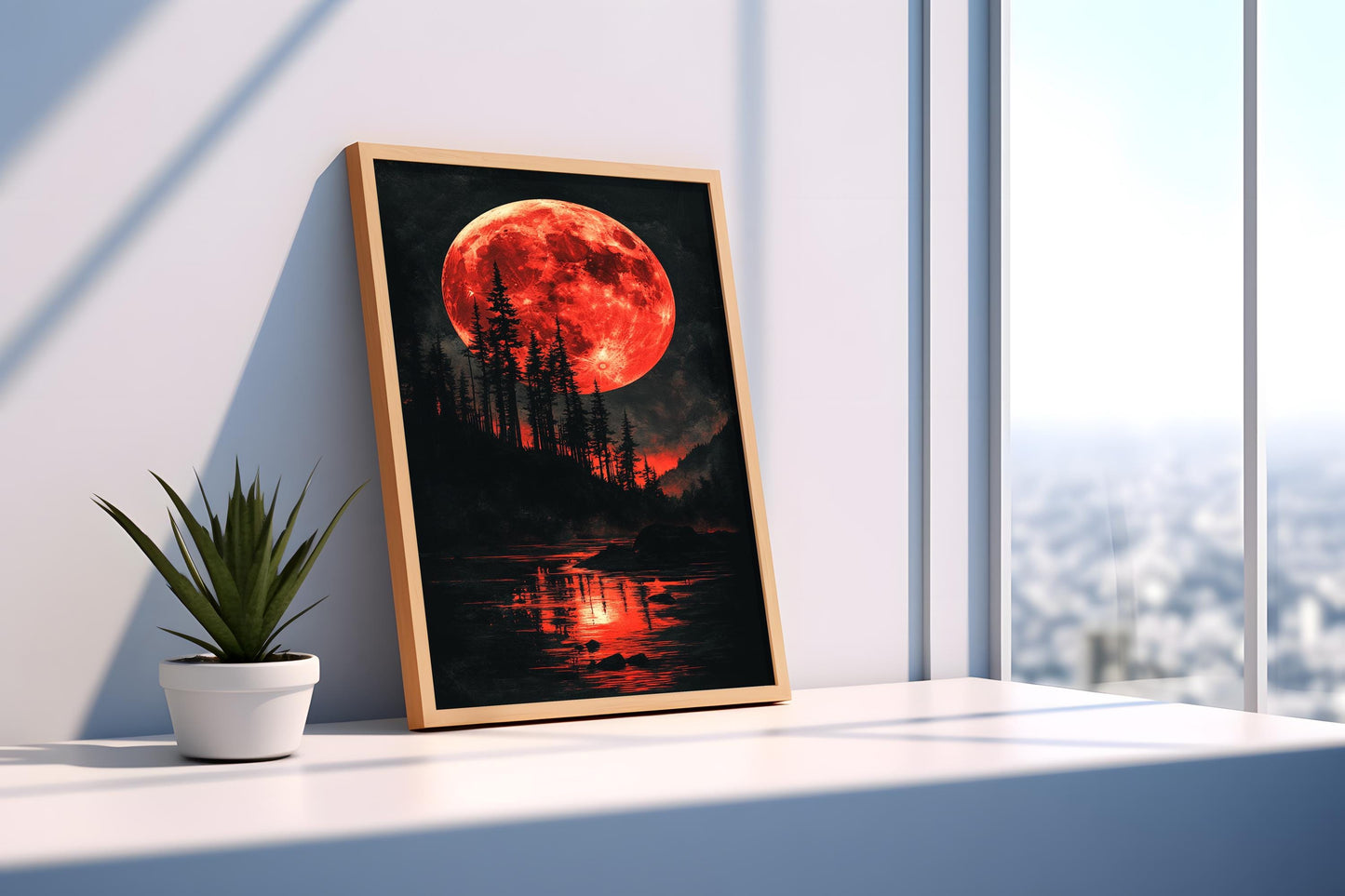 Red Moon Wall Art | Moon and Forest Lake Canvas Painting | Gothic Nature Wall Decor Blood Moon Night Landscape Modern Artwork | Moon prints