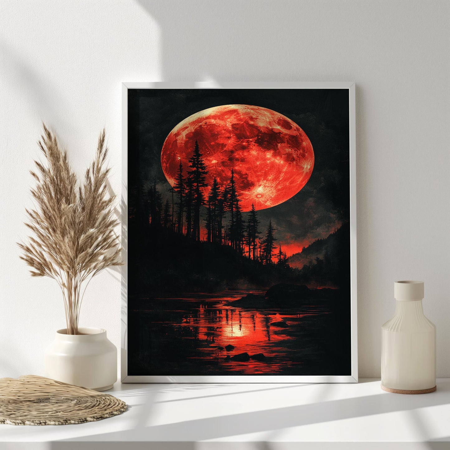 Red Moon Wall Art | Moon and Forest Lake Canvas Painting | Gothic Nature Wall Decor Blood Moon Night Landscape Modern Artwork | Moon prints