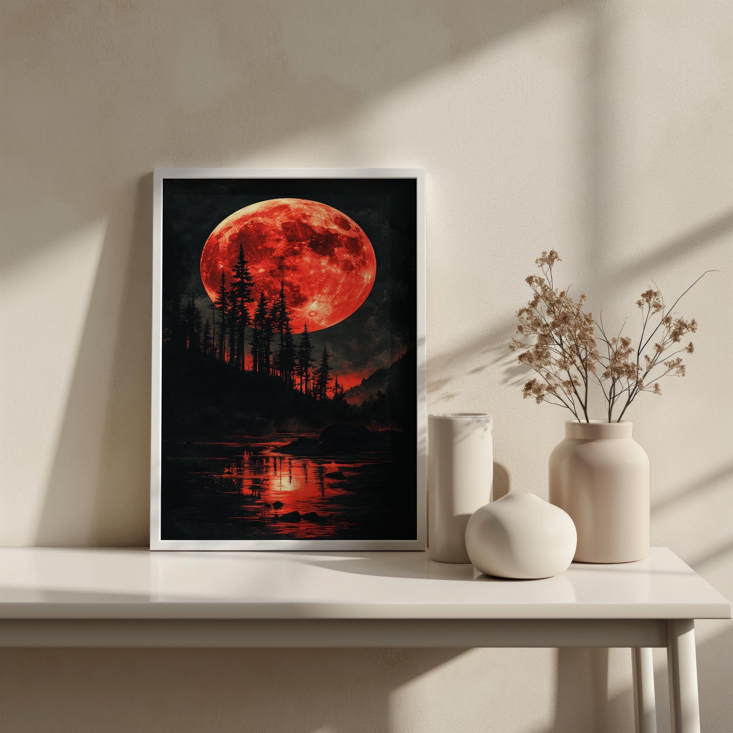 Red Moon Wall Art | Moon and Forest Lake Canvas Painting | Gothic Nature Wall Decor Blood Moon Night Landscape Modern Artwork | Moon prints