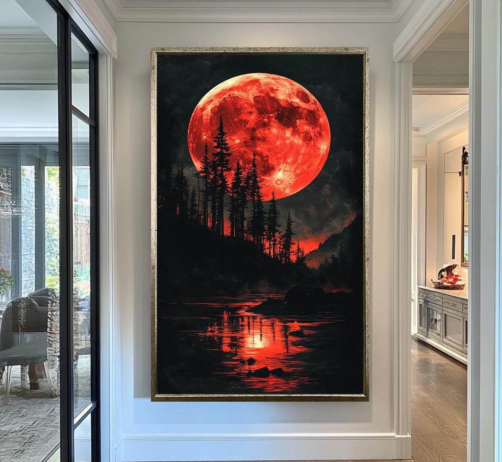 Red Moon Wall Art | Moon and Forest Lake Canvas Painting | Gothic Nature Wall Decor Blood Moon Night Landscape Modern Artwork | Moon prints