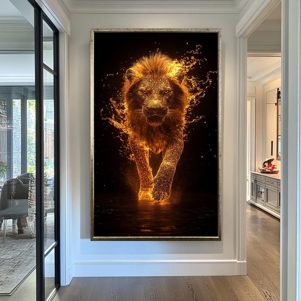 Golden Lion Wall Art | Lion Wall Decor | Lion Canvas Painting | Luxury Modern Wall Decor Glowing Lion King African Safari Art, Lion Wall Art